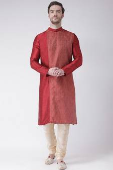 Red & Cream Color Dupion Silk Kurta with Churidar set