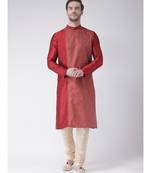 Red & Cream Color Dupion Silk Kurta with Churidar set
