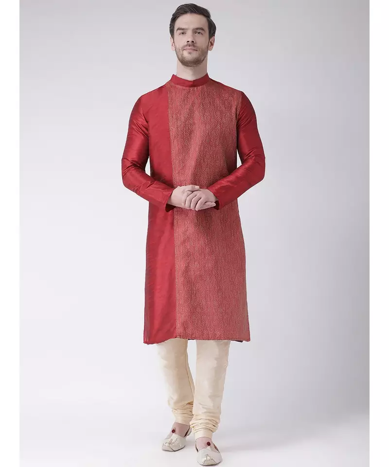 Red & Cream Color Dupion Silk Kurta with Churidar set