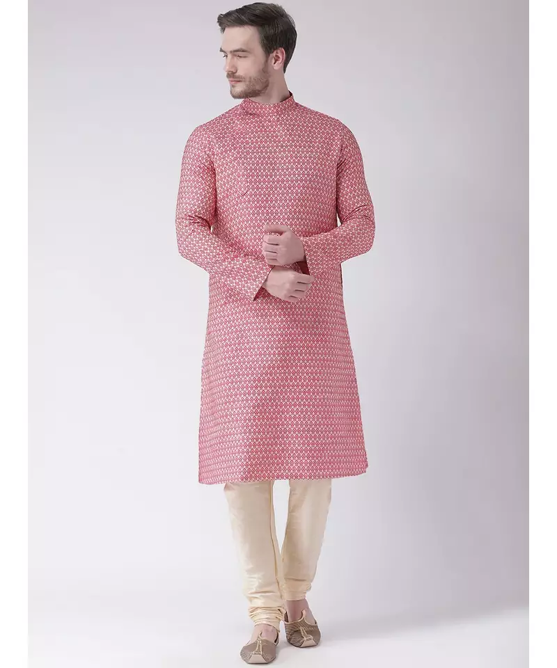 Coral Pink & Cream Color Jacquard Cotton Kurta with Churidar set