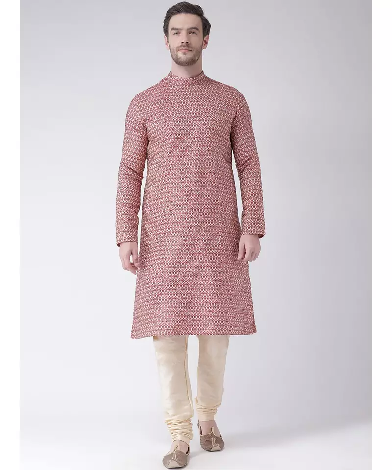 Red & Cream Color Jacquard Cotton Kurta with Churidar set