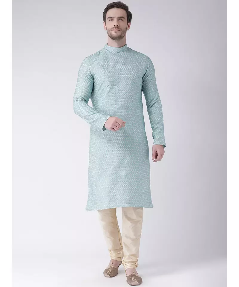 Blue & Cream Color Jacquard Cotton Kurta with Churidar set