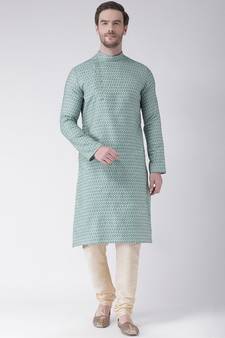 Blue & Cream Color Jacquard Cotton Kurta with Churidar set