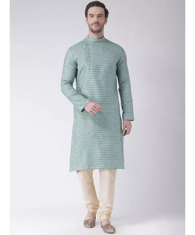 Blue & Cream Color Jacquard Cotton Kurta with Churidar set