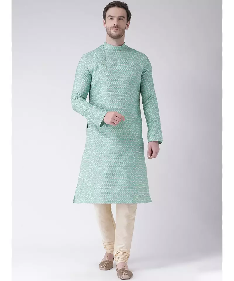 Green & Cream Color Jacquard Cotton Kurta with Churidar set