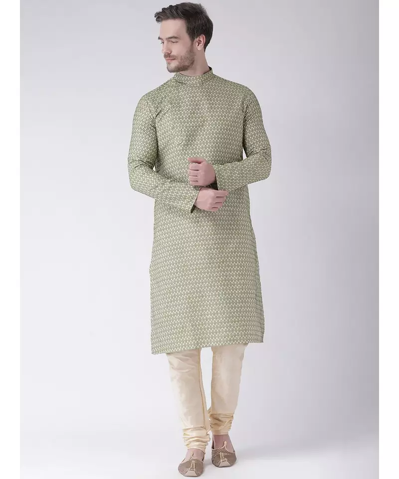 Green & Cream Color Jacquard Cotton Kurta with Churidar set