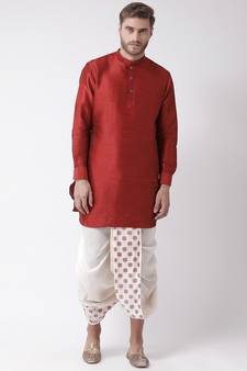 Red & Off White Color Dupion Silk Pathani Kurta with Dhoti Set