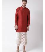 Red & Off White Color Dupion Silk Pathani Kurta with Dhoti Set