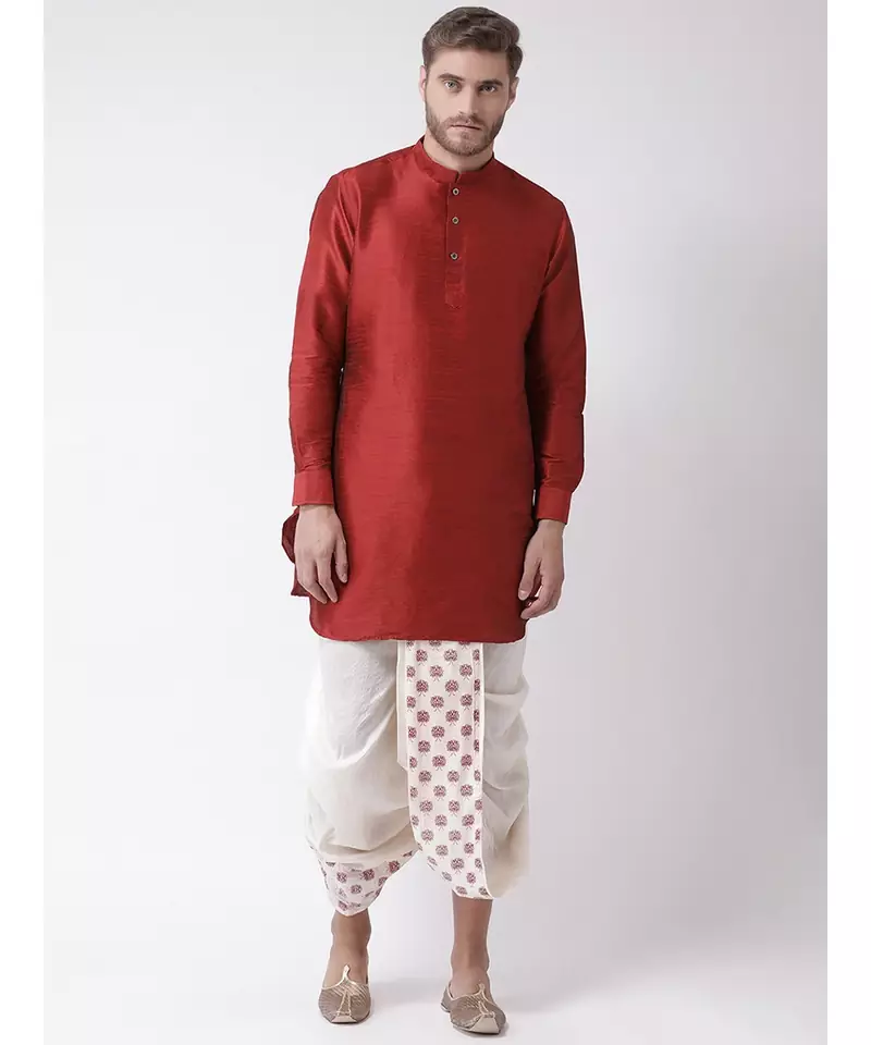 Red & Off White Color Dupion Silk Pathani Kurta with Dhoti Set