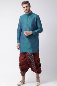 Blue & Red Color Dupion Silk Pathani Kurta with Dhoti Set