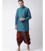 Blue & Red Color Dupion Silk Pathani Kurta with Dhoti Set