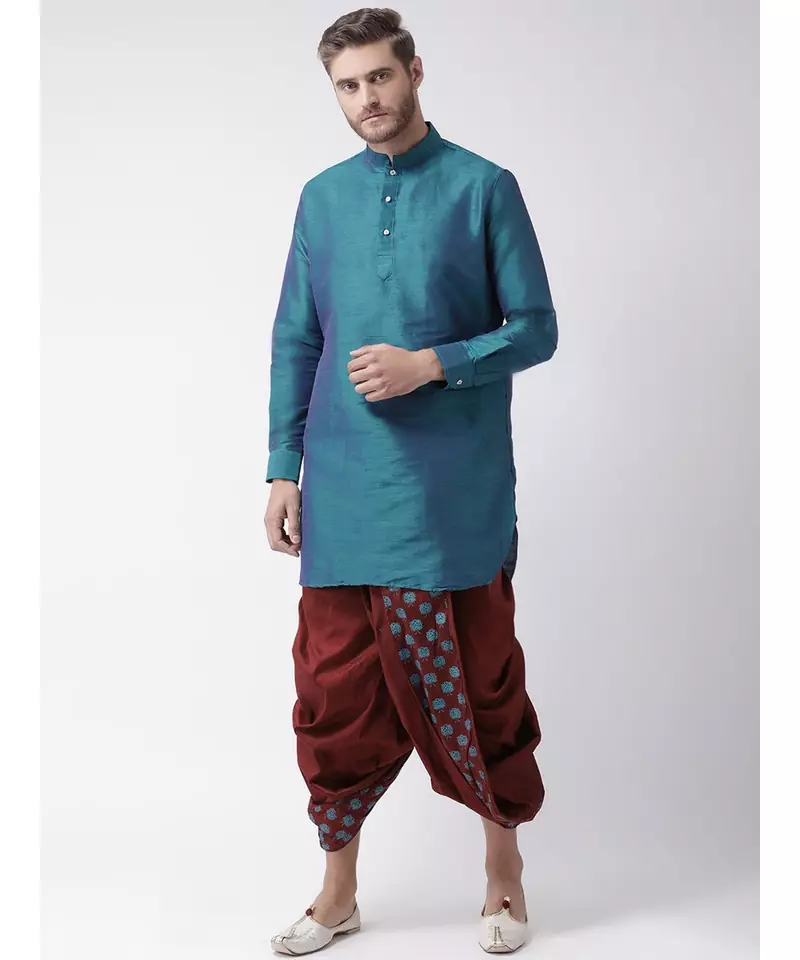 Blue & Red Color Dupion Silk Pathani Kurta with Dhoti Set