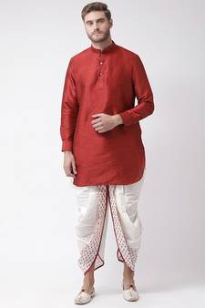 Red & Off White Color Dupion Silk Pathani Kurta with Dhoti Set