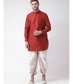 Red & Off White Color Dupion Silk Pathani Kurta with Dhoti Set