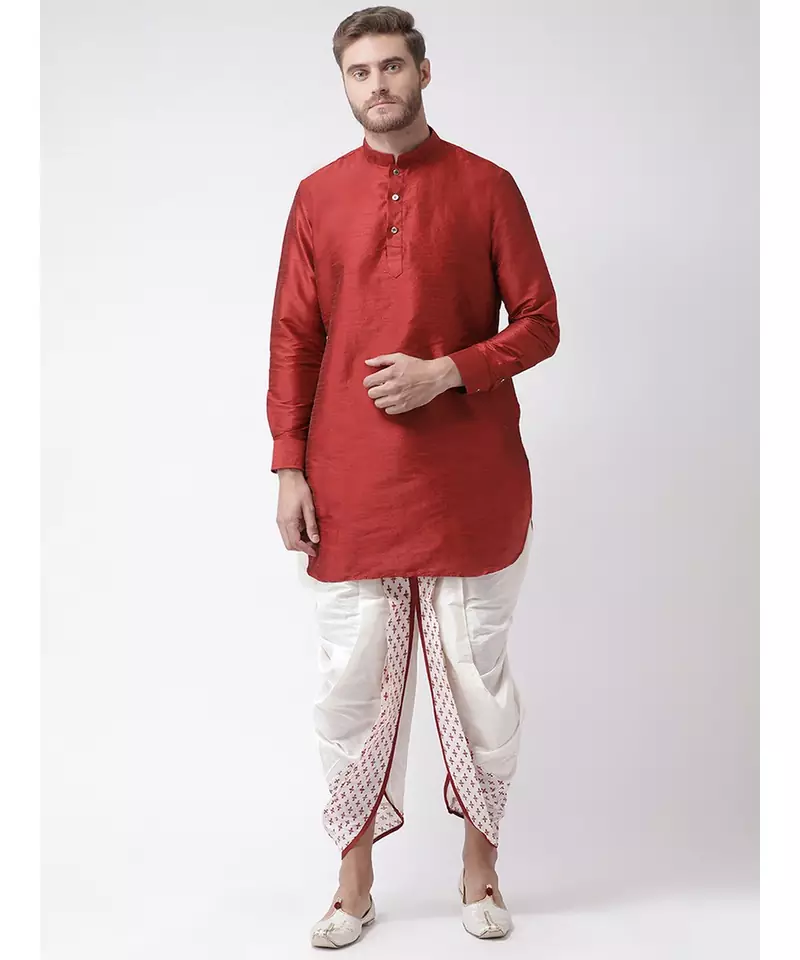 Red & Off White Color Dupion Silk Pathani Kurta with Dhoti Set