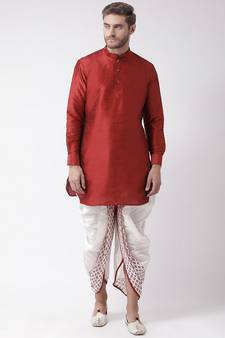 Red & Off White Color Dupion Silk Pathani Kurta with Dhoti Set