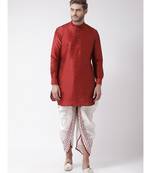 Red & Off White Color Dupion Silk Pathani Kurta with Dhoti Set