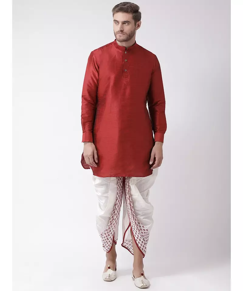 Red & Off White Color Dupion Silk Pathani Kurta with Dhoti Set