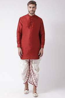 Red & Off White Color Dupion Silk Pathani Kurta with Dhoti Set