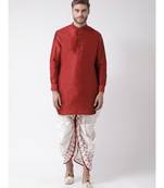 Red & Off White Color Dupion Silk Pathani Kurta with Dhoti Set