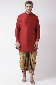 Red & Brown Color Dupion Silk Pathani Kurta with Dhoti Set