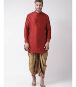 Red & Brown Color Dupion Silk Pathani Kurta with Dhoti Set