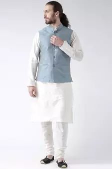 Blue & Off White Color Dupion Silk Kurta Jacket Set