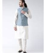 Blue & Off White Color Dupion Silk Kurta Jacket Set
