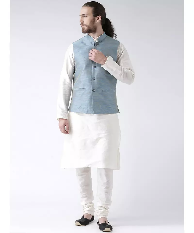 Blue & Off White Color Dupion Silk Kurta Jacket Set