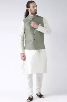 Green & Off White Color Dupion Silk Kurta Jacket Set