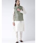 Green & Off White Color Dupion Silk Kurta Jacket Set