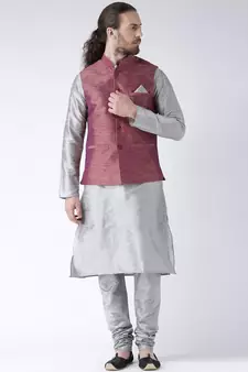 Red & Silver Color Dupion Silk Kurta Jacket Set