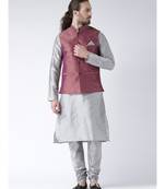Red & Silver Color Dupion Silk Kurta Jacket Set