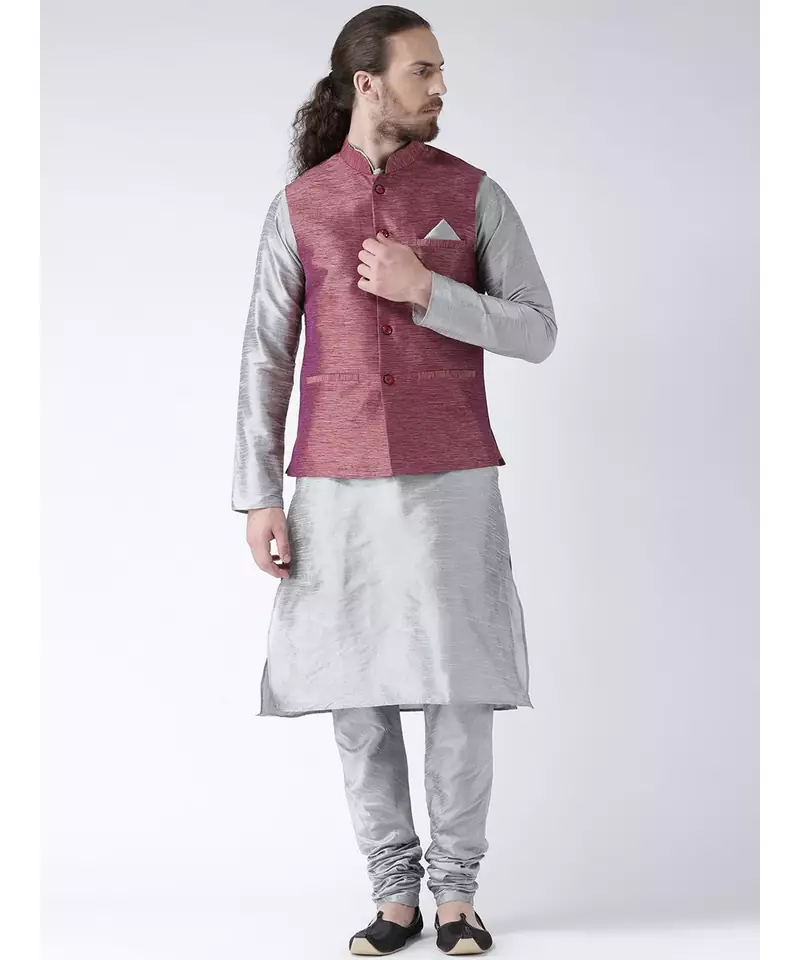Red & Silver Color Dupion Silk Kurta Jacket Set