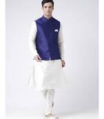 Royal Blue & Off White Color Dupion Silk Kurta Jacket Set