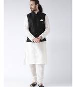 Black & Off White Color Dupion Silk Kurta Jacket Set