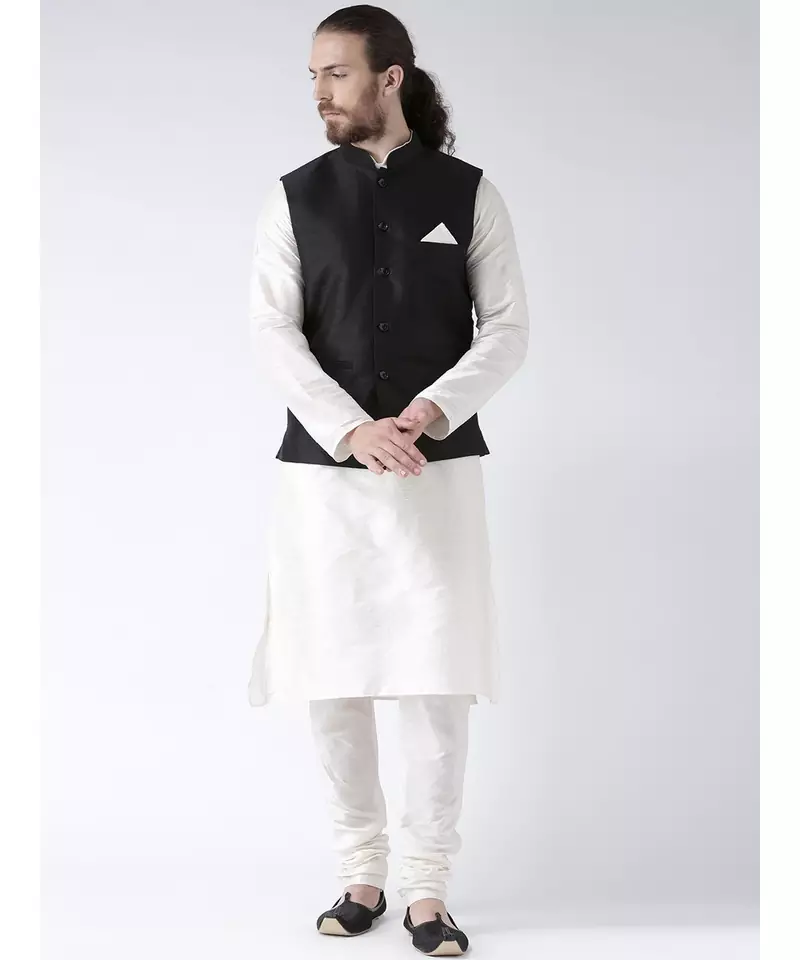 Black & Off White Color Dupion Silk Kurta Jacket Set