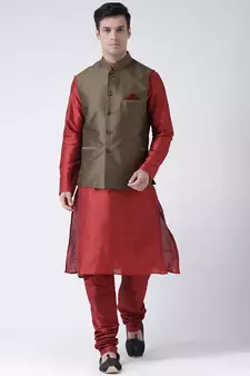 Brown & Red Color Dupion Silk Kurta Jacket Set