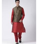 Brown & Red Color Dupion Silk Kurta Jacket Set
