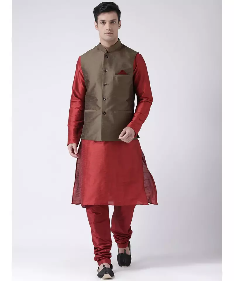 Brown & Red Color Dupion Silk Kurta Jacket Set