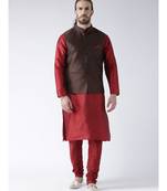 Brown & Red Color Dupion Silk Kurta Jacket Set