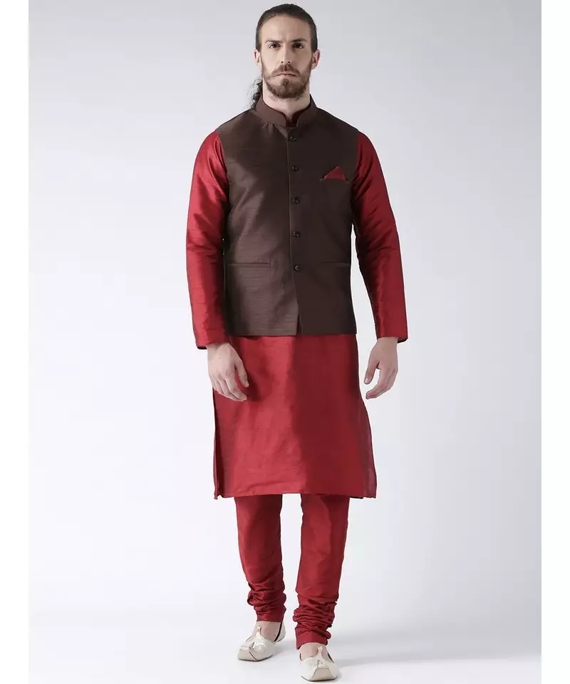 Brown & Red Color Dupion Silk Kurta Jacket Set