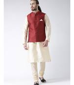 Red & Cream Color Dupion Silk Kurta Jacket Set