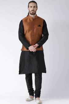 Copper & Black Color Dupion Silk Kurta Jacket Set