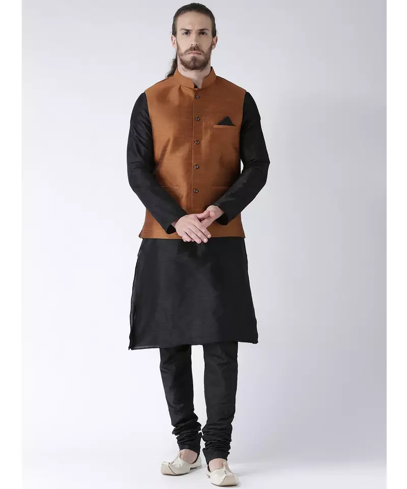 Copper & Black Color Dupion Silk Kurta Jacket Set