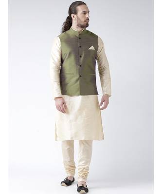 Green & Cream Color Dupion Silk Kurta Jacket Set 1