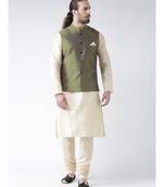 Green & Cream Color Dupion Silk Kurta Jacket Set