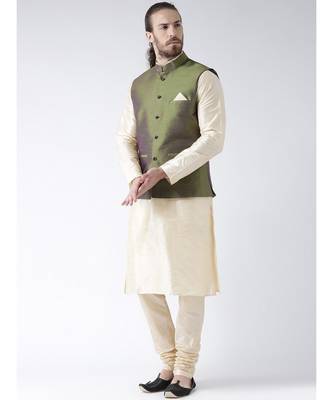 Green & Cream Color Dupion Silk Kurta Jacket Set 2