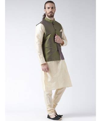 Green & Cream Color Dupion Silk Kurta Jacket Set 3