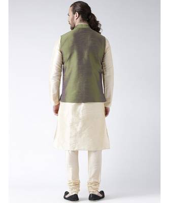 Green & Cream Color Dupion Silk Kurta Jacket Set 4